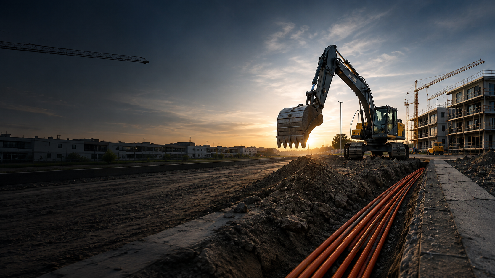 Bagger im Einsatz auf einer Tiefbaustelle