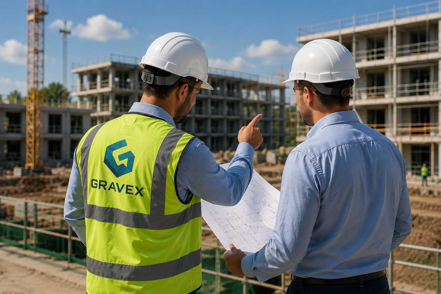 Zwei Bauleiter besprechen Pläne auf einer Baustelle