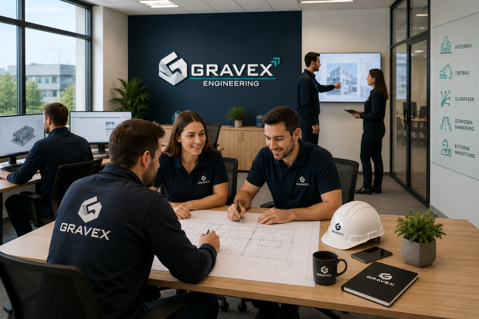 Das Team von GRAVEX Engineering im Büro bei der Projektbesprechung