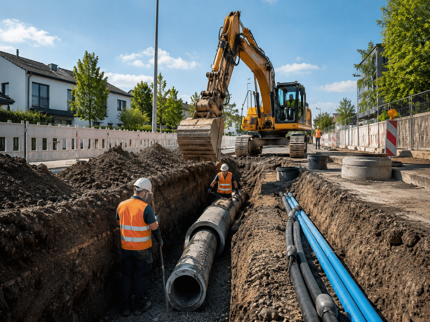 Kanalbaustelle mit Verbaubox und verlegten Betonrohren
