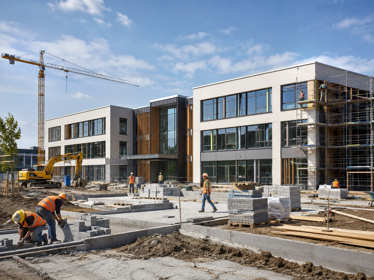 Schulgebäude im Bau mit Gerüst und Baustelleneinrichtung
